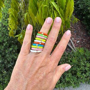 Enamel Ring Set Multicolor ADJUSTABLE Lot of 10 White, Pink, Green, Blue Red NEW